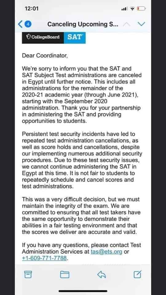 SAT Exams are Cancelled until further notice in Egypt, putting the future of students in jeopardy
