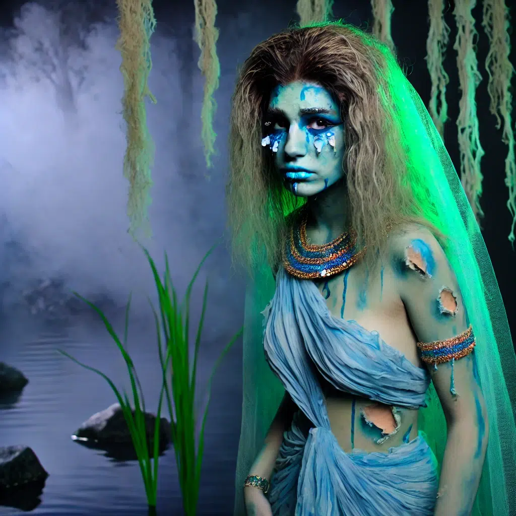 DALL·E 2024 10 28 18.21.39 A haunting Egyptian Halloween costume inspired by 'Lady of the Nile,' a ghostly river spirit. The character wears a flowing blue green dress with acce